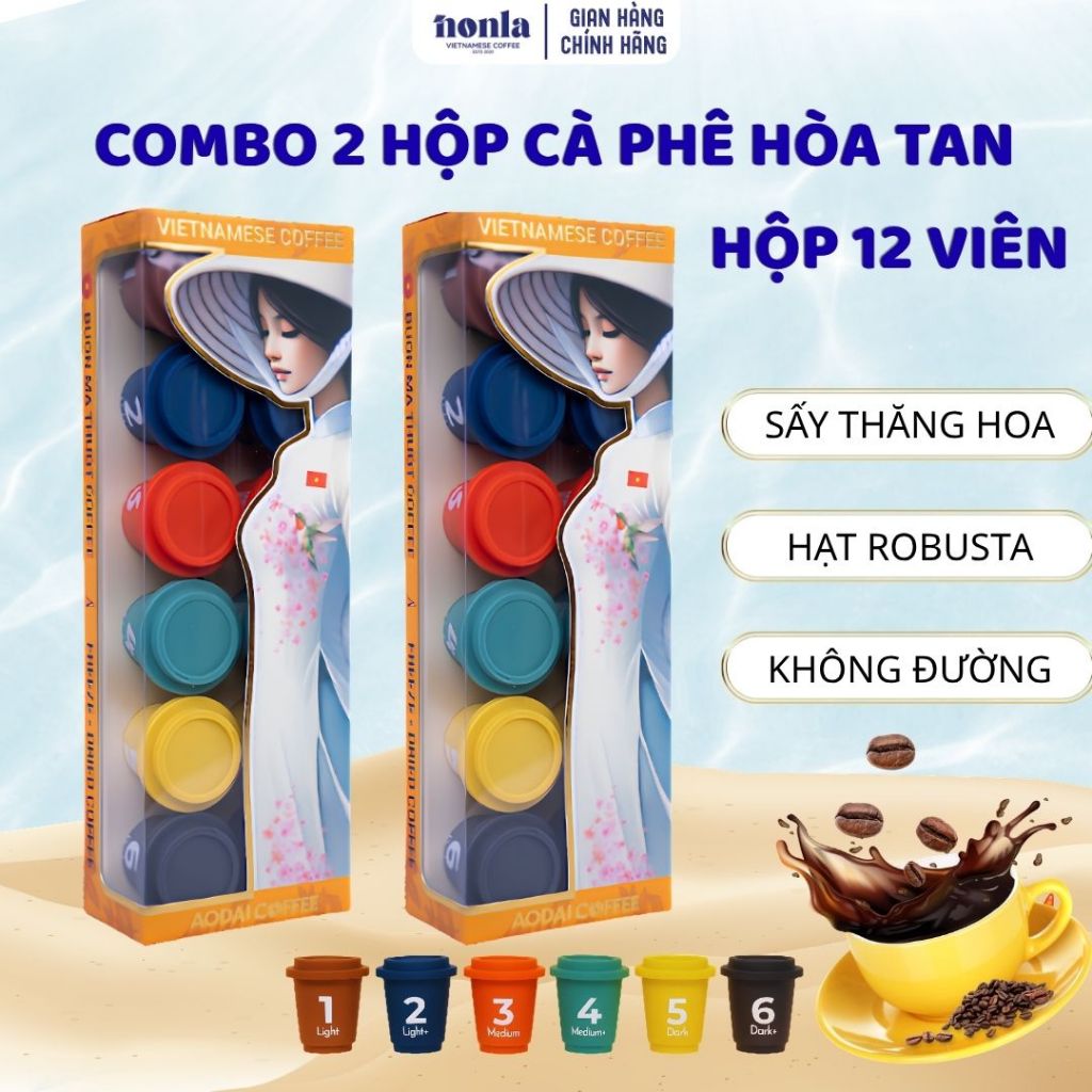 2 Hộp 12 Viên Cà Phê Hòa Tan Sấy Thăng Hoa Nguyên Chất AODAI COFFEE Từ Hạt Cafe Robusta 6 Cấp Độ vị