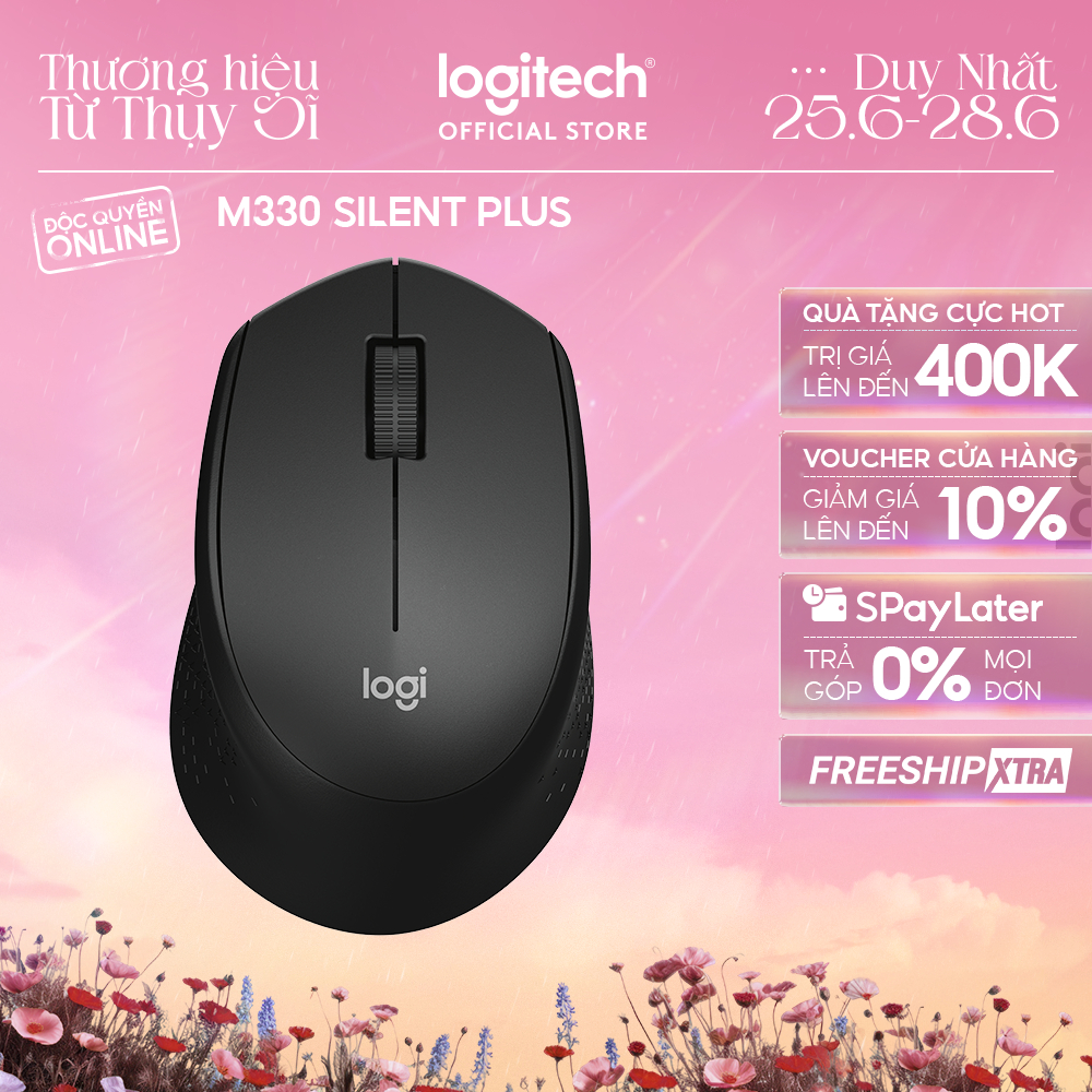 Chuột không dây Logitech M330 Silent Plus - Giảm ồn, USB, thuận tay phải, PC/ Laptop