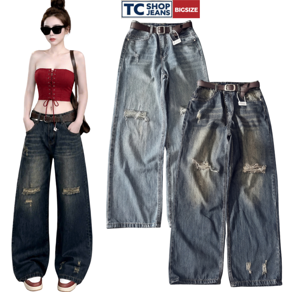 Quần jean ống suông nữ rách nhẹ thêu ngựa trắng túi 2 màu TC SHOP JEANS bigsize 55-90kg  chất jean m