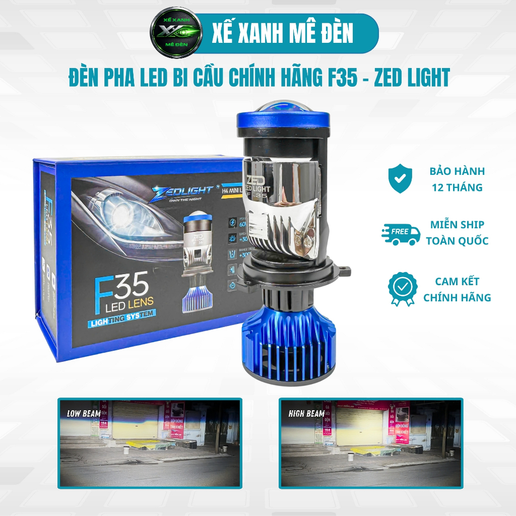 Đèn Pha LED Bi Cầu F35 ZED LIGHT - 60W Chân H4 12,24V Điện Bình Lắp Ô Tô Xe Máy Bảo Hành 1 Năm