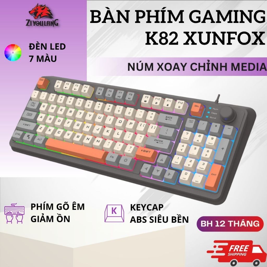 Bàn Phím Máy Tính Gaming LED ZiyouLang K82 Phím Bấm Êm Gõ Giảm Ồn, Có Núm Xoay Cao Cấp