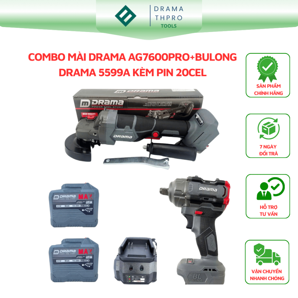 COMBO mài DRAMA AG7600PRO+bulong DRAMA 5599A kèm pin 20cell, tùy phân lọaI