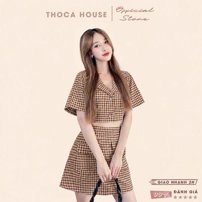 [XẢ HÀNG] Set vest trẻ trung croptop tay ngắn phối chân váy caro THOCA HOUSE chuẩn form