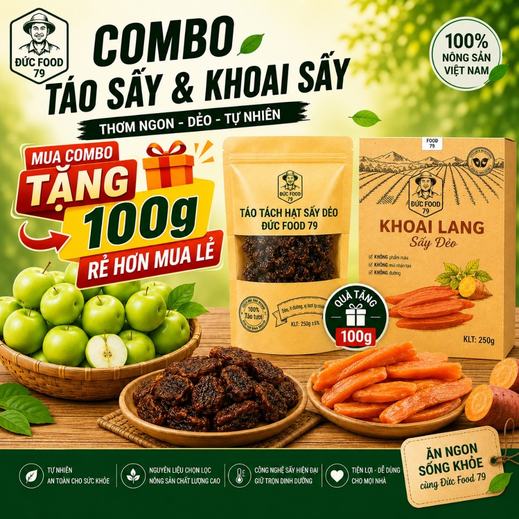 COMBO ĂN VẶT ĐỨC FOOD 79  Táo Tách Hạt Sấy Dẻo 250g + Khoai Lang Mật Sấy Dẻo  250g