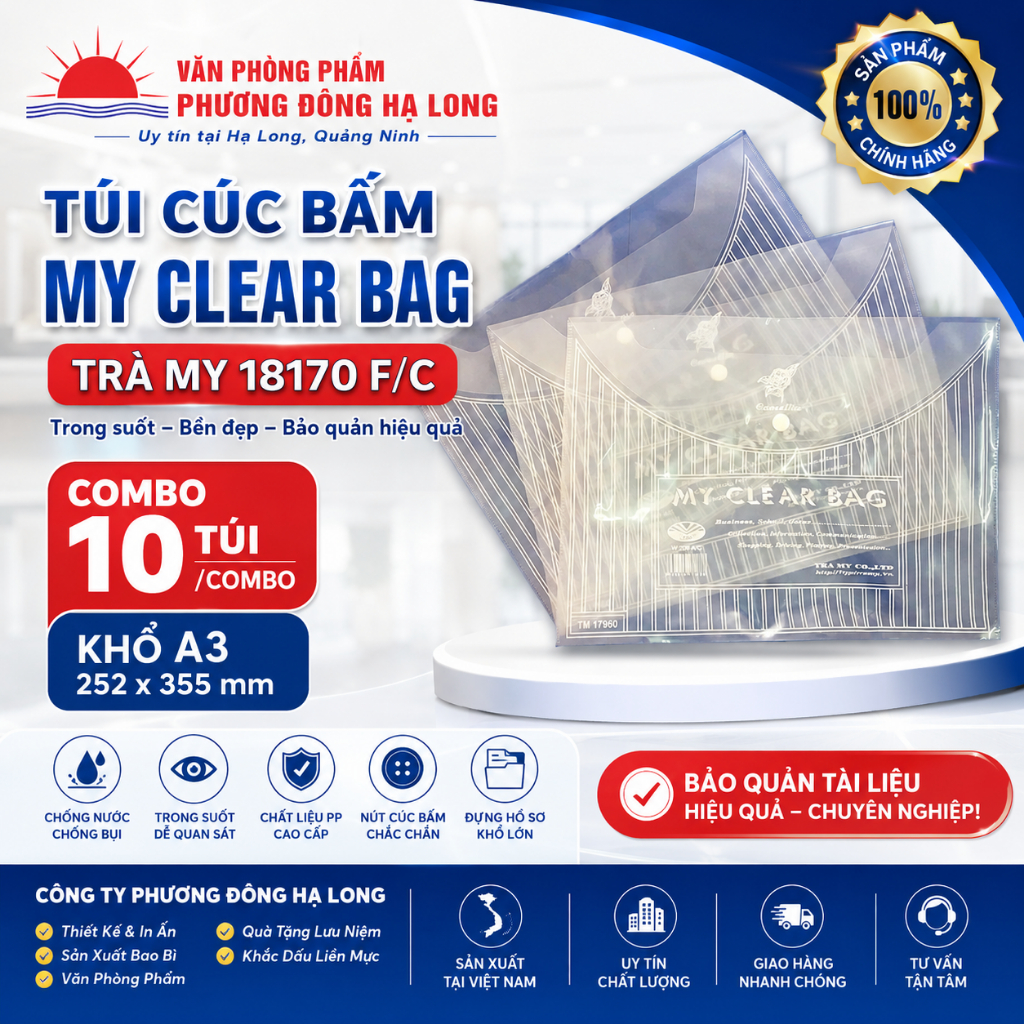 Combo 10 Túi Cúc Bấm Trà My My Clear Bag 18170 F/C Khổ A3