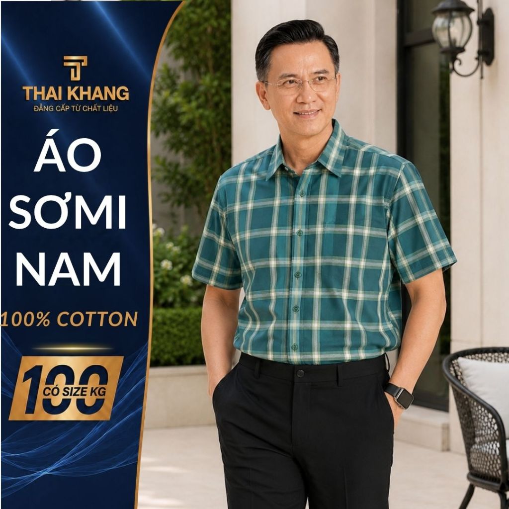 Áo sơ mi nam cao cấp ngắn tay Thái Khang 100% cotton sơ mi kẻ caro form classic thoải mái ATK50