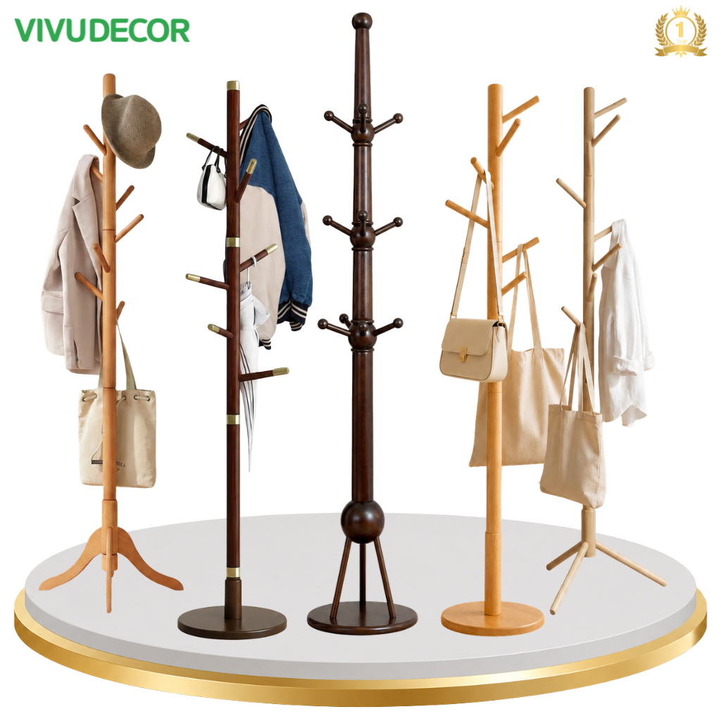 [Mẫu mới 2026] Cây treo quần áo gỗ tự nhiên ViVuDecor - Cây treo đồ 8-9 nhánh, gỗ cao su