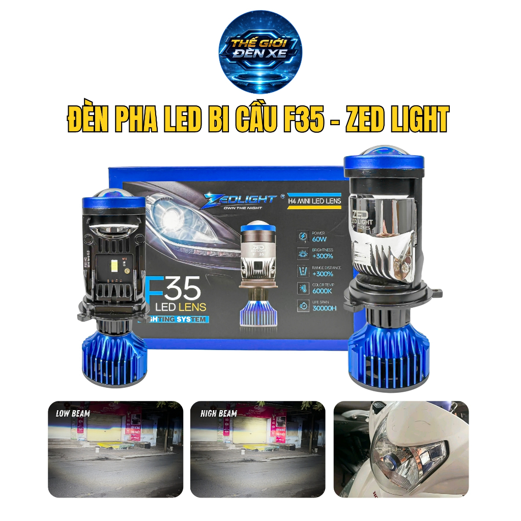 Đèn Pha LED Bi Cầu Siêu Sáng F35 ZED LIGHT - Công Suất 65W, Độ Bền Cao, Thích Hợp Lắp Cho Xe Máy và 