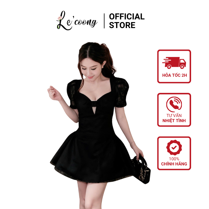 Váy Thiết Kế Khoét Ngực Dáng Xòe LECOONG V880 Váy Đẹp Màu Be Đen Tay Phồng Sang Chảnh