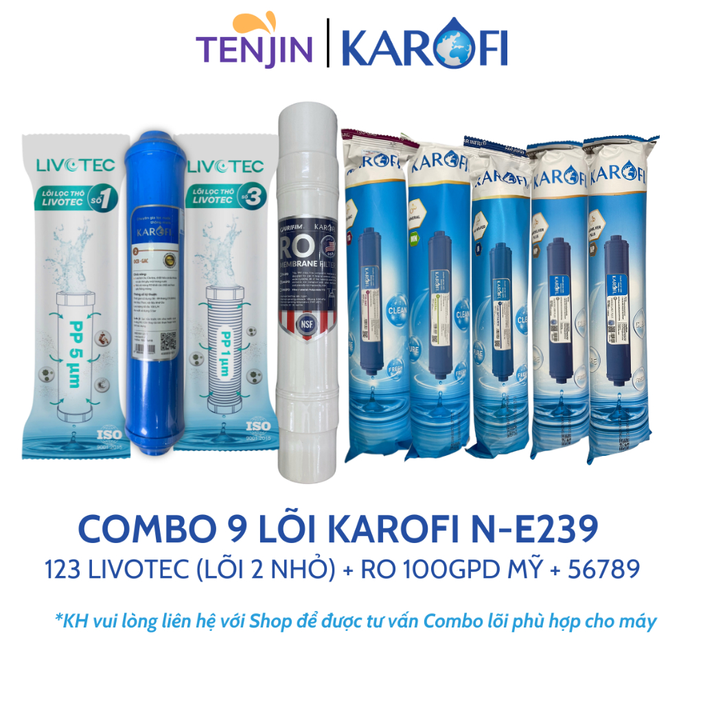 Combo 9 Lõi Lọc Nước Karofi Dùng Cho Máy B930, N-E239...Sử Dụng Livotec (Lõi 2 Nhỏ), RO Mỹ, 56789 Ka