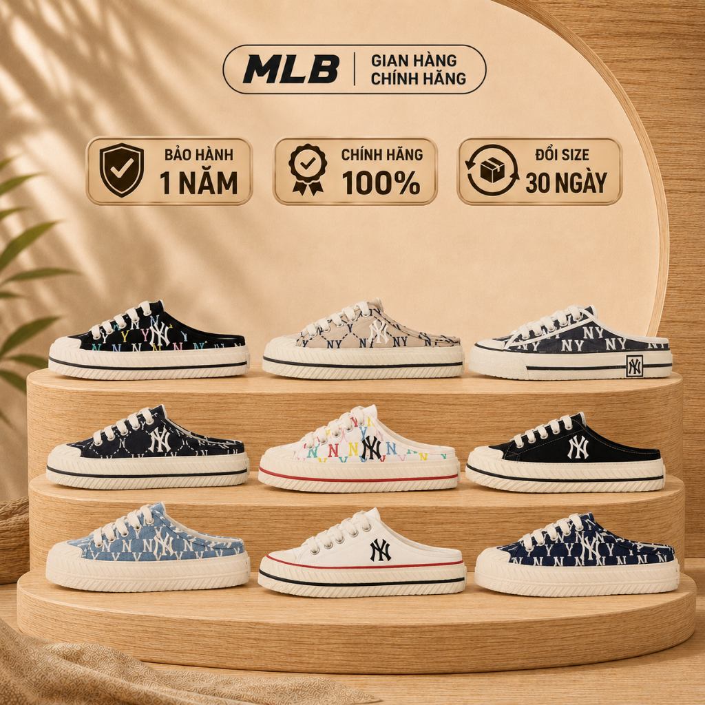 Giày playball origin mule chính hãng full box hiddentag check auth, giày sục giày đạp gót mlb vải ca