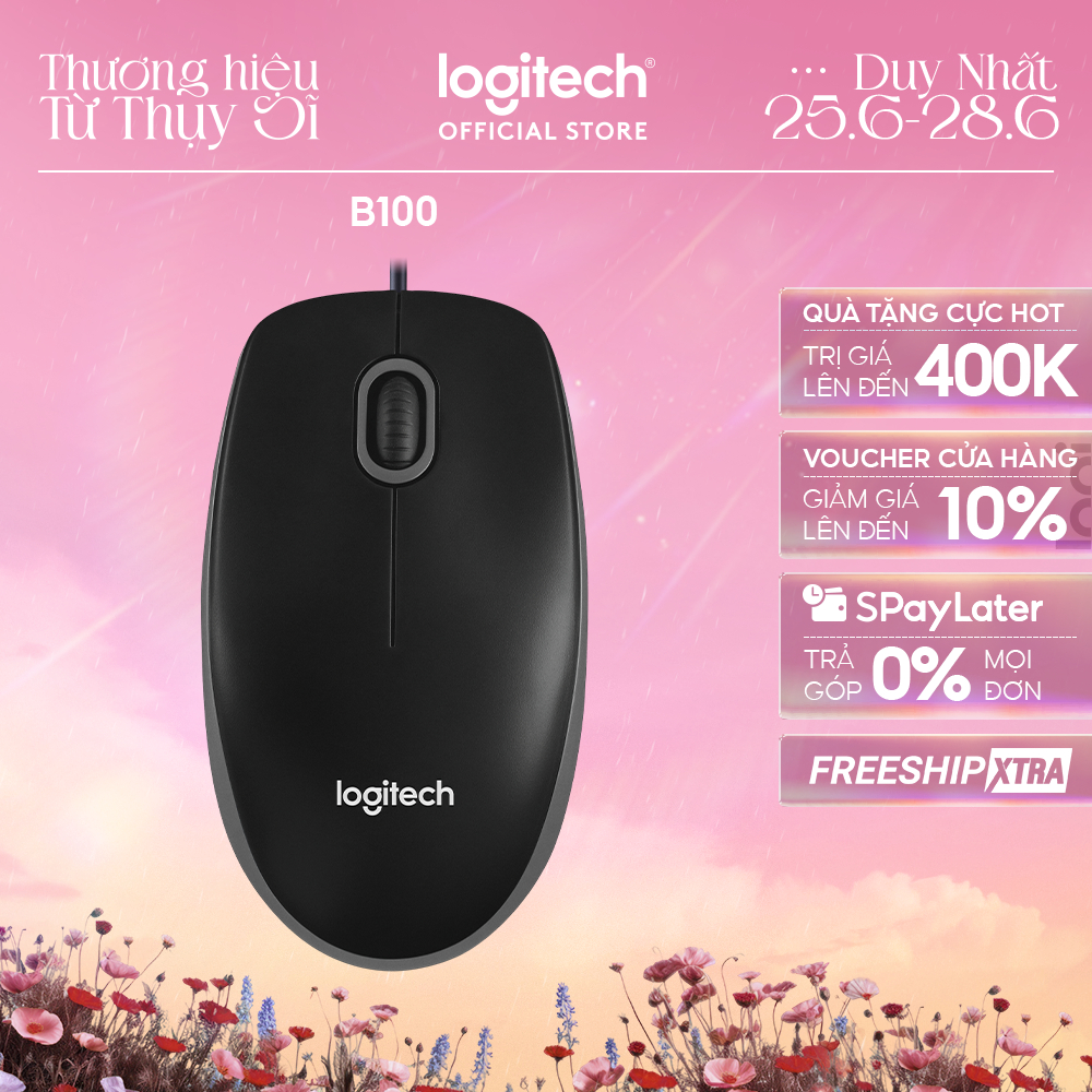 Chuột có dây Logitech B100 - Dây dài 1m8, thiết kế ôm tay, thuận cả 2 tay