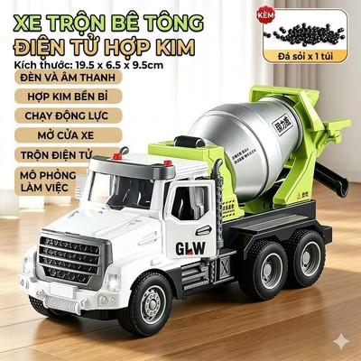 Đồ chơi xe trộn bê tông điện KAVY tự xoay bằng hợp kim có nhạc và đèn cửa mở được chạy cót kèm 1 túi sỏi