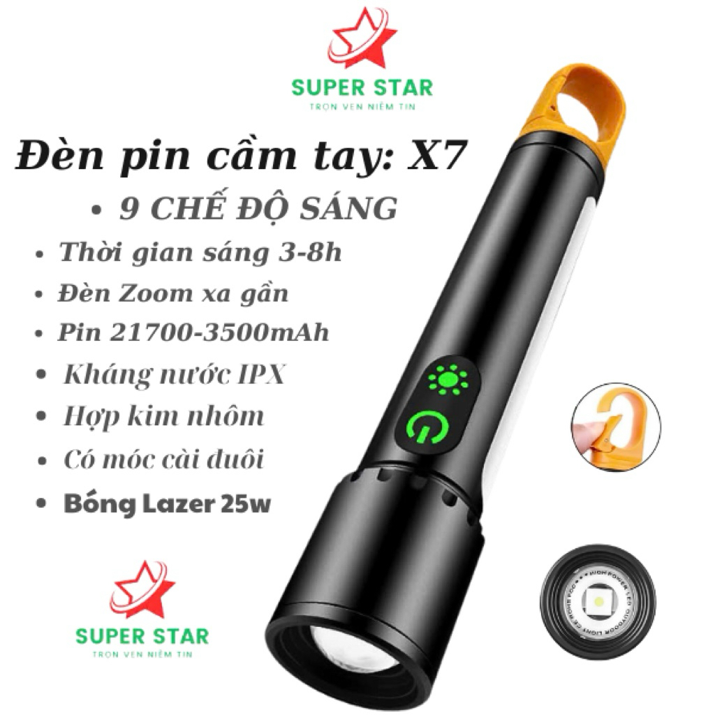 Đèn Pin Cầm Tay X7 Zoom Xa Gần - 9 chế độ sáng - thời gian sử dụng 3h đến 8h .