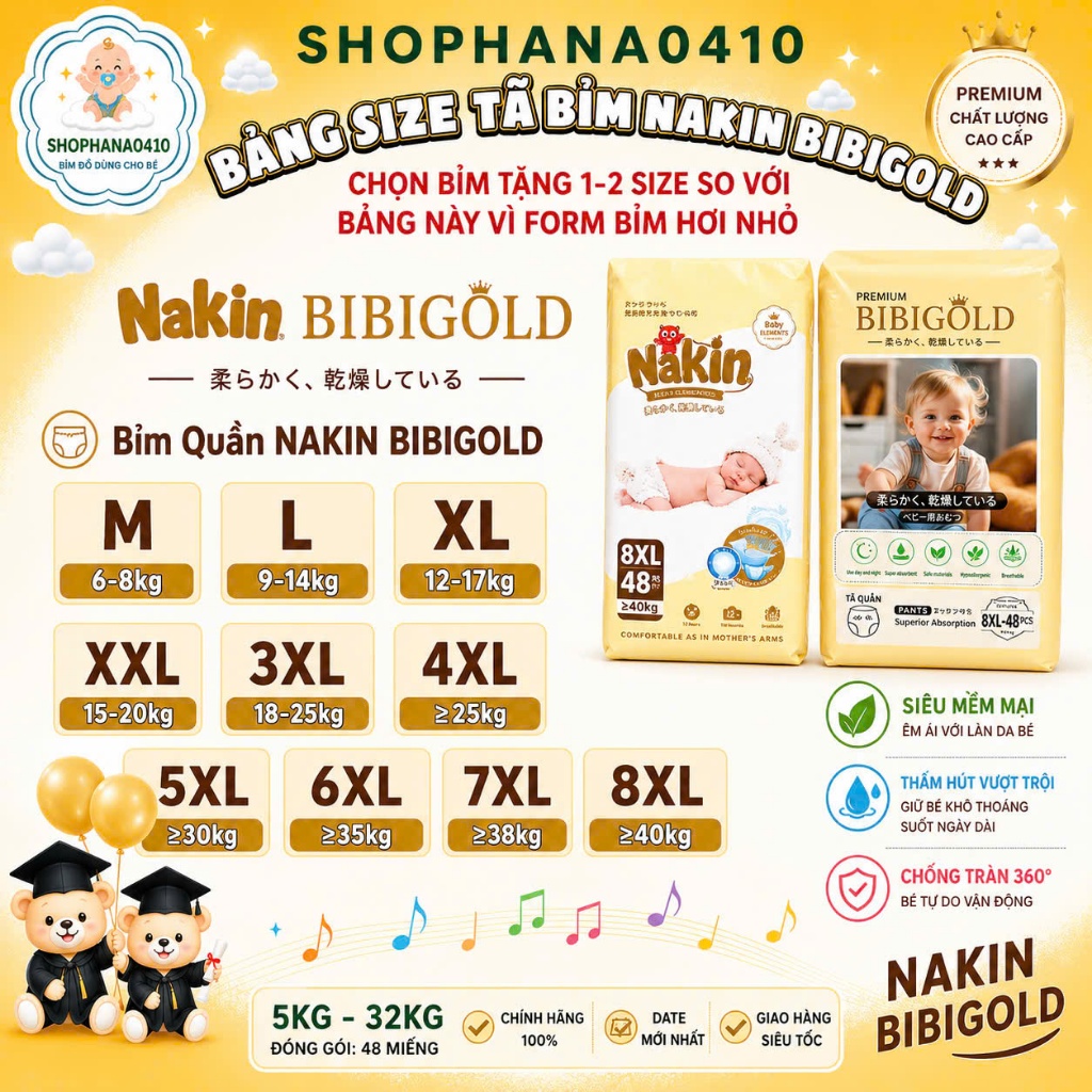 [SIÊU RẺ] 1 BỊCH Tã bỉm cao cấp Bibi gold /NAKINsize L đến 8XL, siêu mềm, siêu thấm, thoáng khí