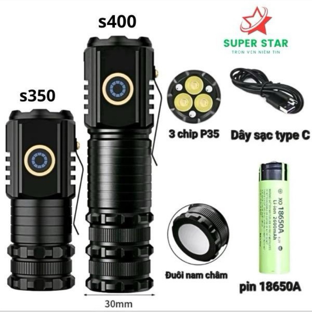 Đèn pin mini siêu sáng s350 s400, đèn pin cầm tay nhỏ gọn, có kẹp cài mũ , đuôi đèn dính nam châm cự