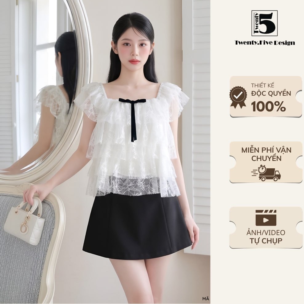 Áo trễ vai ren nhiều tầng phối nơ nữ tính sang chảnh - Twentyfive Design AM59