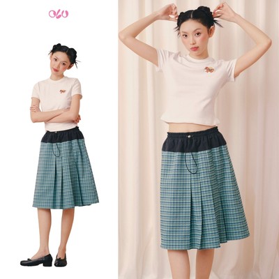 Chân váy OLV lửng sọc caro trẻ trung Blue Plaid Midi Skirt phù hợp đi chơi đi cà phê