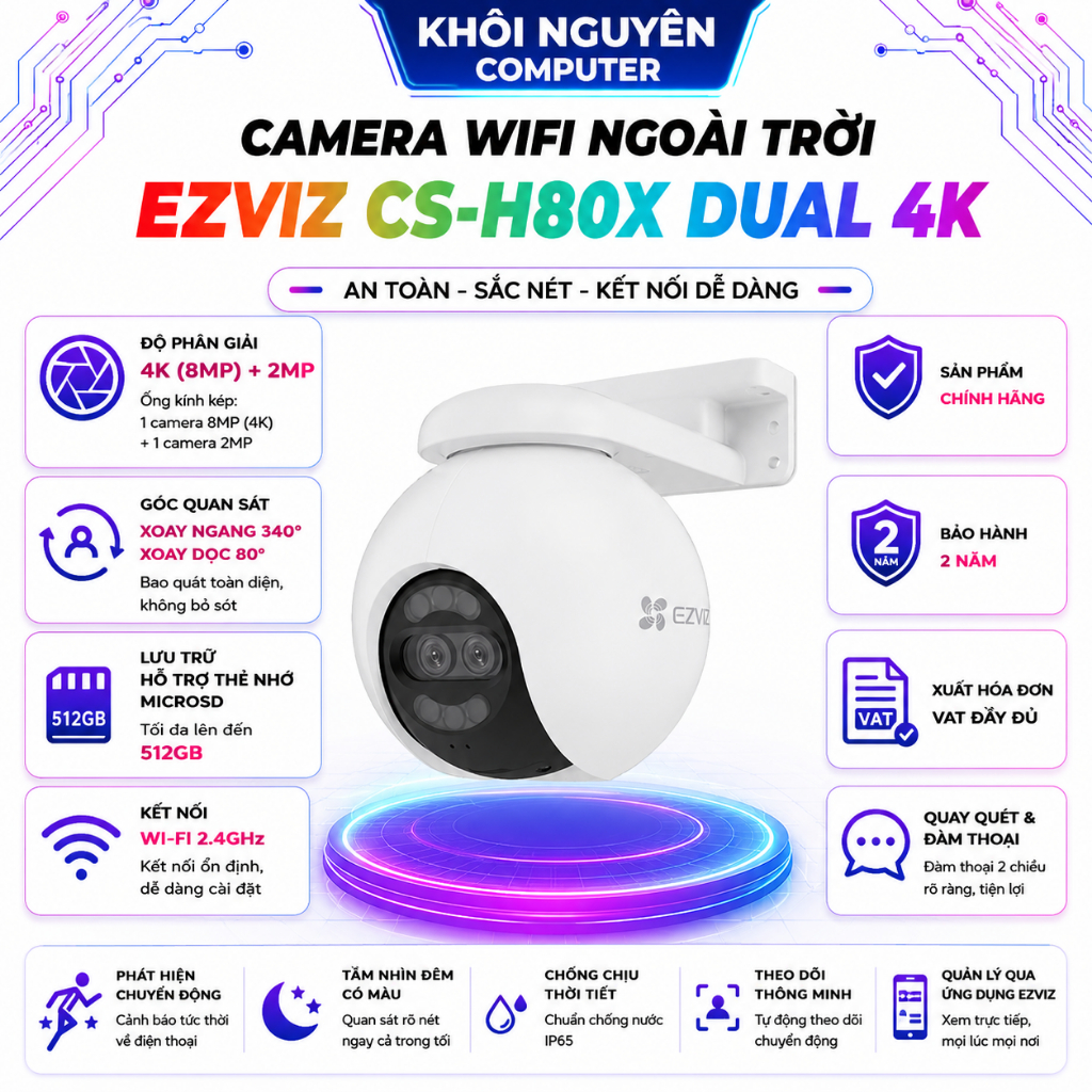 Camera EZVIZ CS-H80x Dual 4K 10MP WiFi Ngoài Trời 2 Mắt Ultra HD Quay Quét Đàm Thoại 2 Chiều