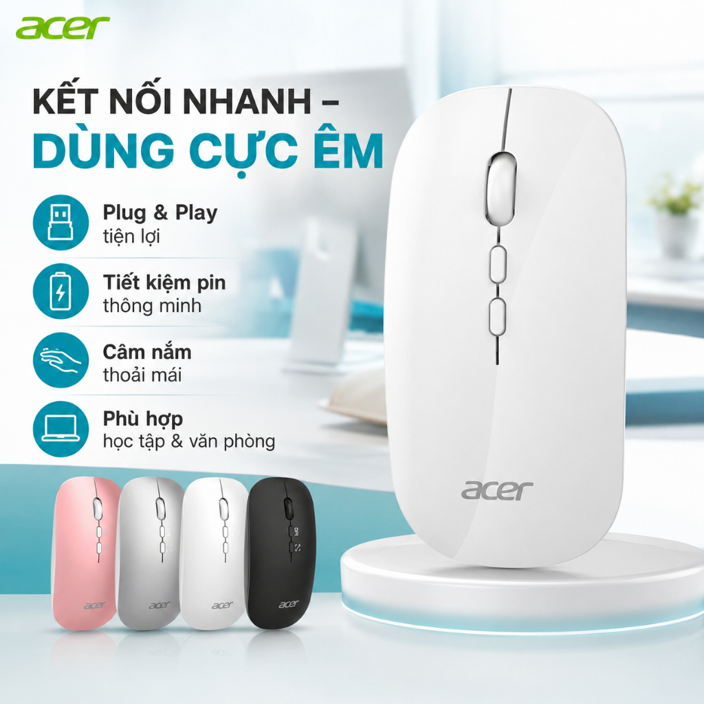 Acer Chuột Không Dây OMR050, 3 Chế Độ, Kết Nối Sạc Pin Đa Năng, Thiết Kế Siêu Nhẹ, 3 Mức DPI, Giảm 35% Áp Lực Cổ Tay