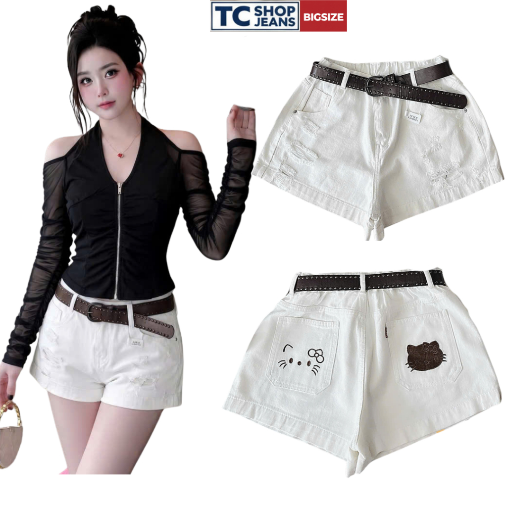 Quần short jean trắng rách lưng thun thêu mèo Kitty dễ thương TC SHOP JEANS bigsize 55-90kg chất jea