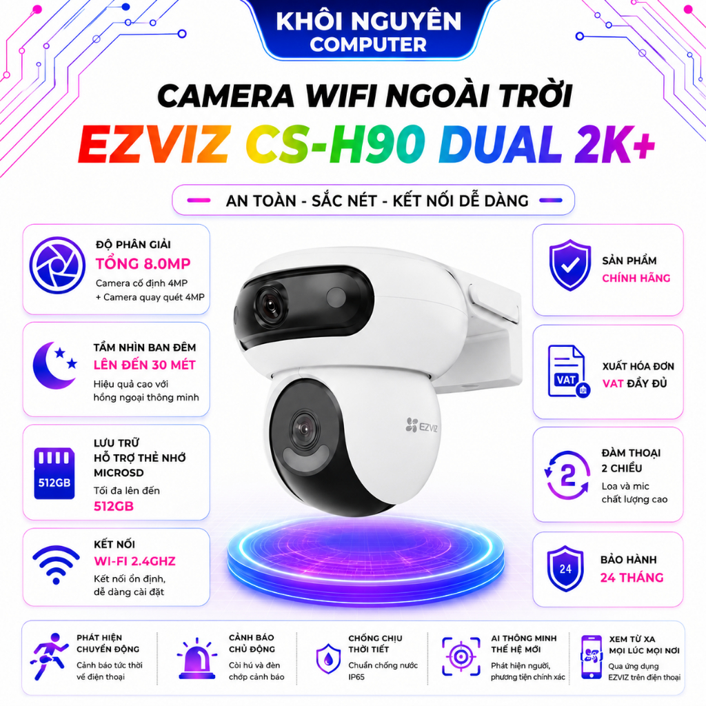 Camera EZVIZ CS-H90 Dual 8MP WiFi Kép 2K+ 2 Ống Kính Quay Quét Đàm Thoại 2 Chiều