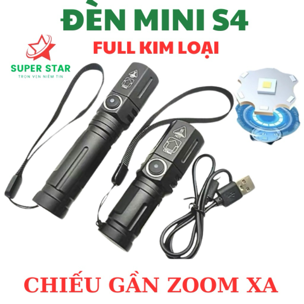 Đèn Pin Cầm Tay Siêu Sáng Mini S4 Chiếu Gần Zoom Xa Full Kim Loại Led Laser Trắng Tích Hợp Sạc Type-