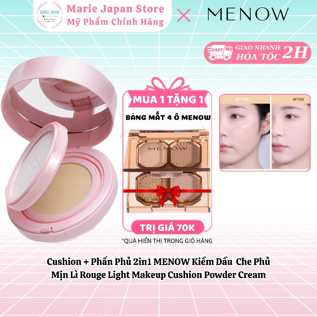 [MUA 1 TẶNG 1] Cushion + Phấn Phủ 2in1 MENOW Kiềm Dầu Mịn Lì Rouge Light Makeup Cushion Powder Cream