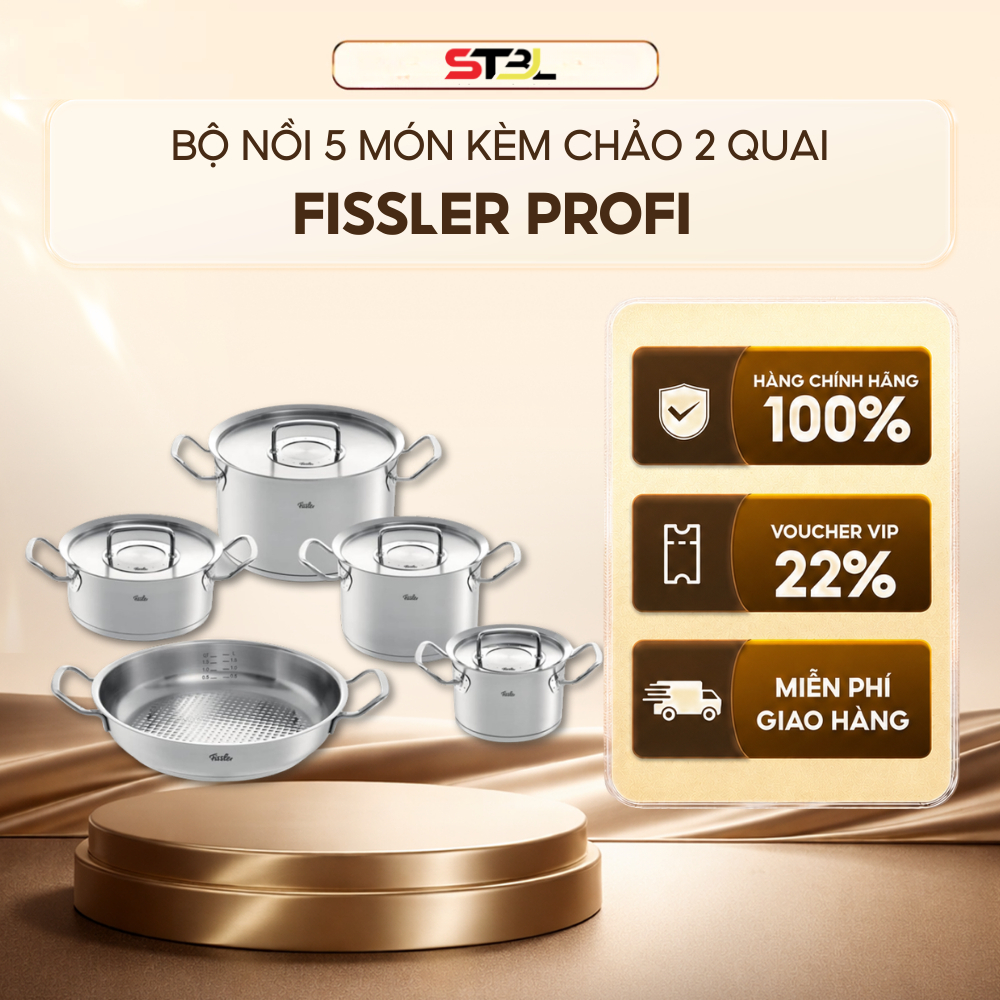 Bộ nồi Fissler Profi 5 món nắp thép kèm chảo hai quai chính hãng,chất liệu inox 18/10,Made in German