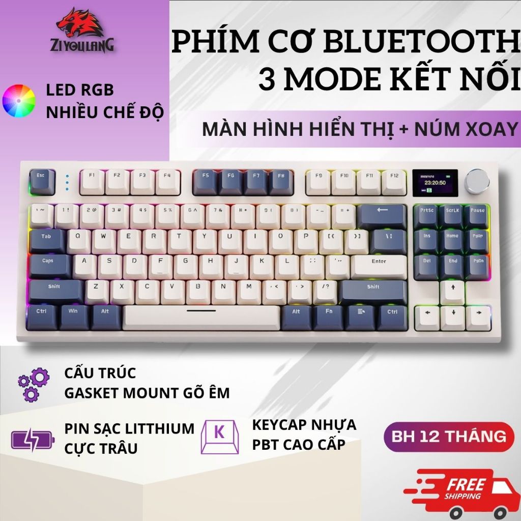 Bàn Phím Cơ Không Dây Attack Shark K86 RGB Led, Có Màn Hình Led Tùy Chỉnh, Tích Hợp Núm Xoay, App