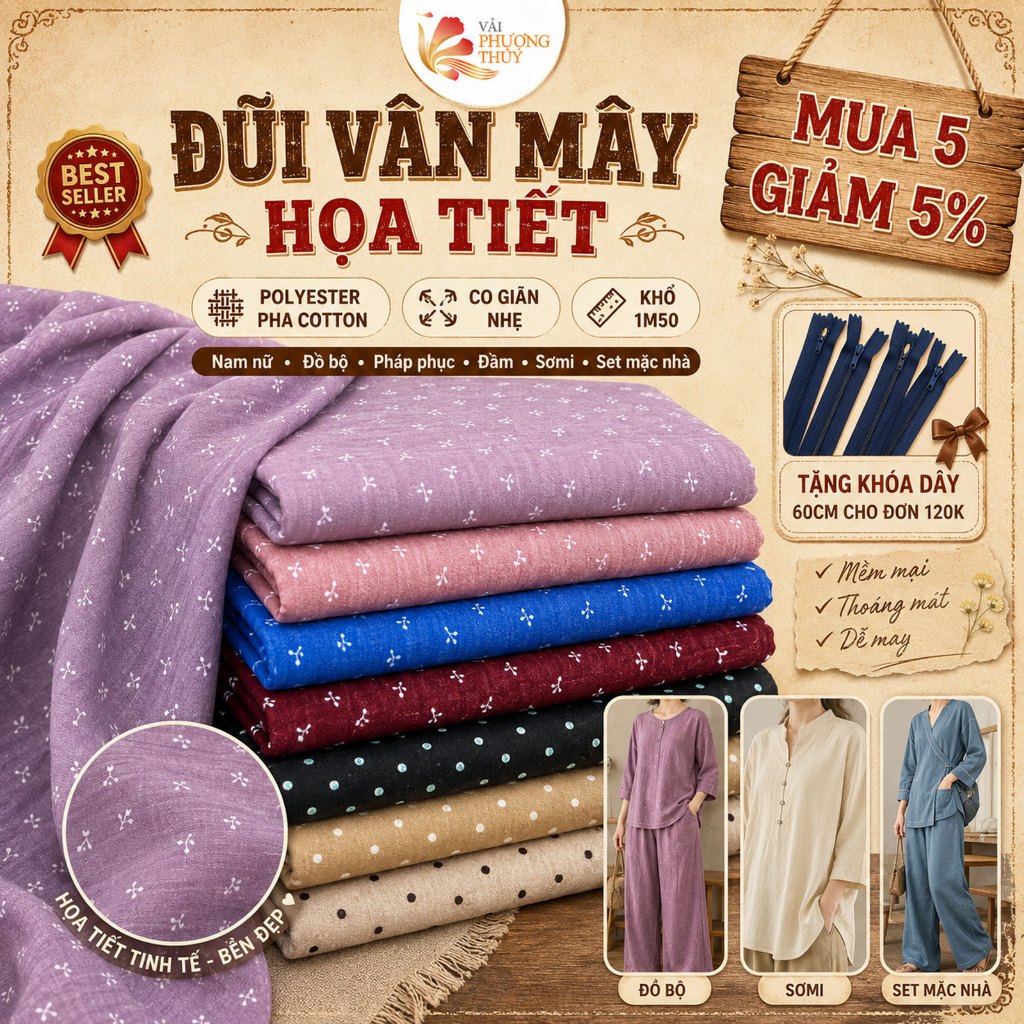 Đũi vân mây họa tiết Phượng Thúy co giãn mềm may thời trang nam nữ, pháp phục, đồ bộ khổ 1m50