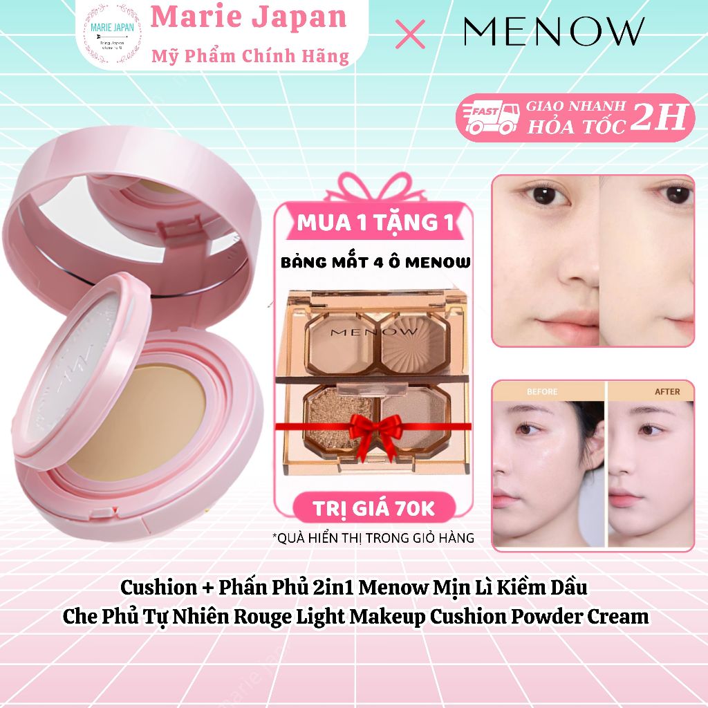 [MUA 1 TẶNG 1] Cushion + Phấn Phủ 2in1 Menow Mịn Lì Che Phủ Rouge Light Makeup Cushion Powder Cream 