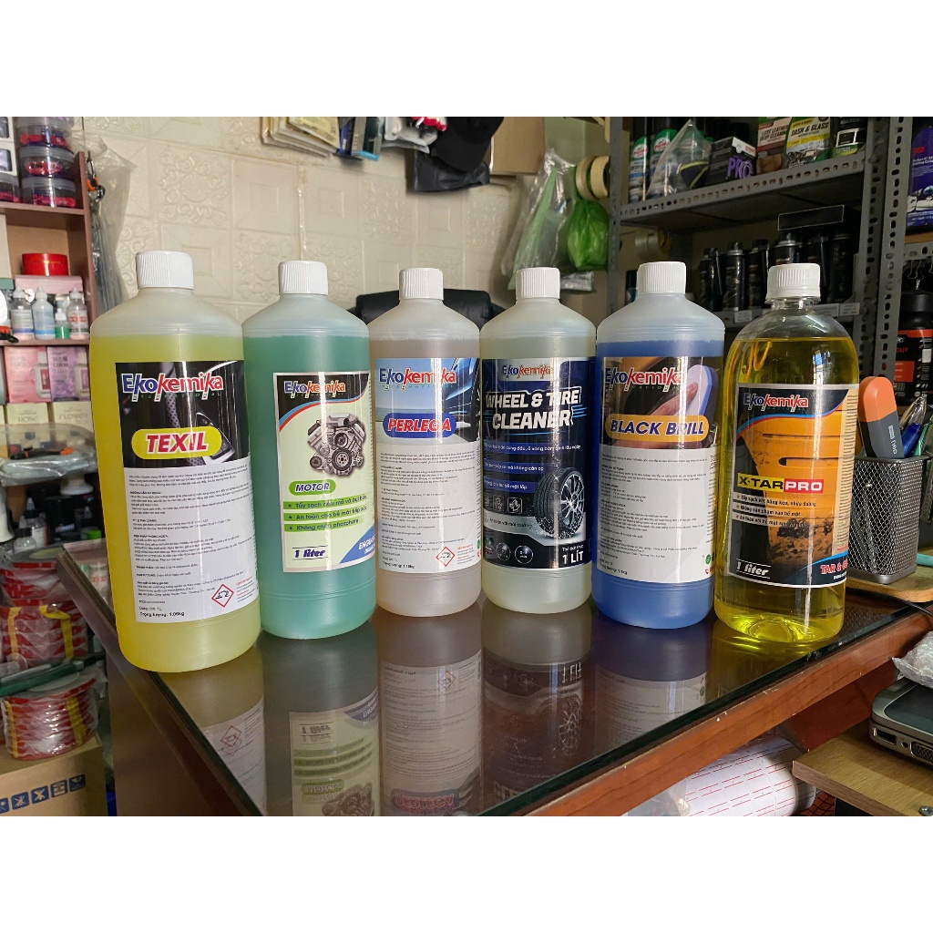 Chai 1L EKOKEMIKA - Texil, Motor, Pelerga, Wheel & Tire Cleaner, Black Brill, X-Tar Pro