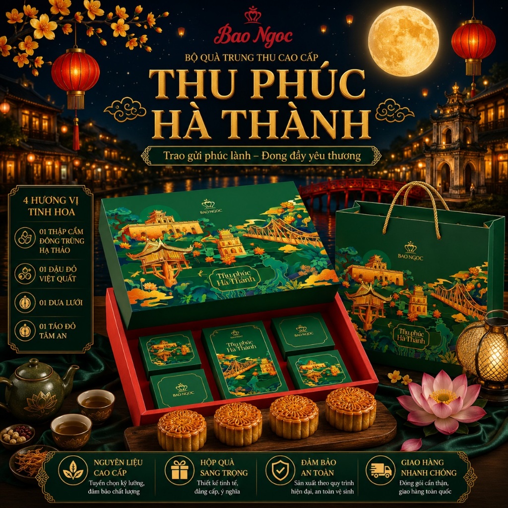 Hộp Bánh Trung Thu Bảo Ngọc Bộ Thu Phúc Hà Thành Set 4 Bánh 80g