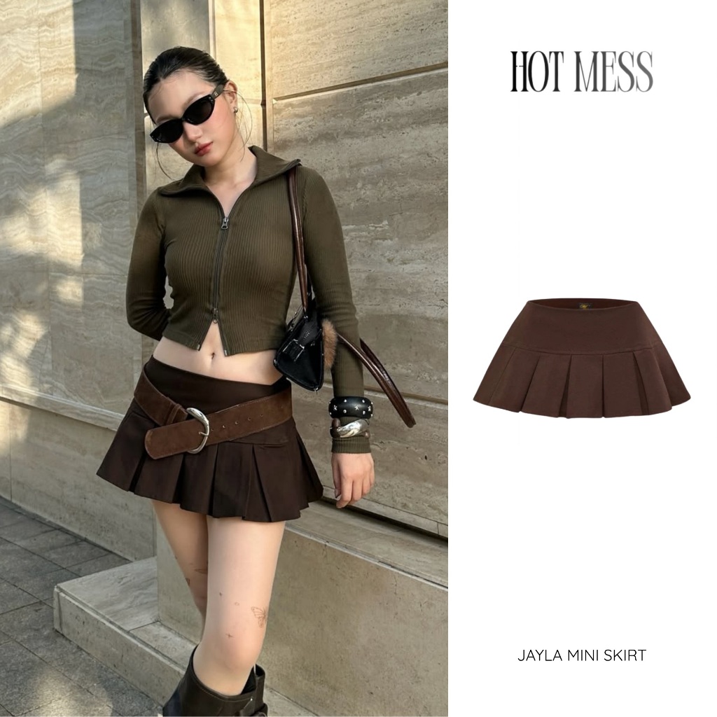 HOTMESS Chân Váy Mini Skirt Y2K Vải Kaki Xếp Ly Màu Nâu Mocha JAYLA MINI SKIRT