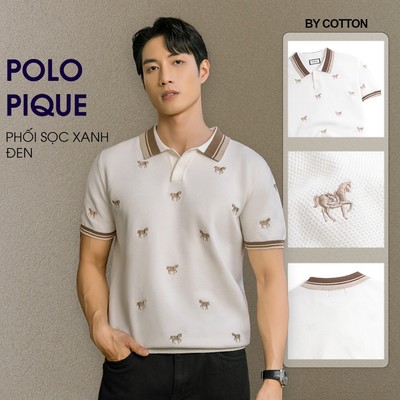 Áo Polo Dệt Kim By Cotton SS2 Thêu Ngựa Trắng Kem - Luôn Tặng Hộp Đóng - BY COTTON