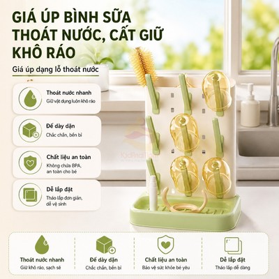 Giá Úp Bình Sữa Thoát Nước Đa Năng Cho Bé, Kệ Phơi Bình Sữa KidAndMom, Khay Rãnh Tháo Rời Tiện Lợi