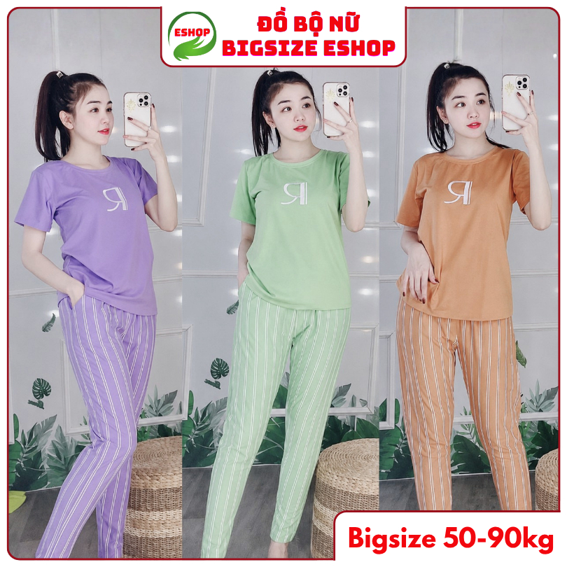 Đồ Bộ Nữ Mặc Nhà Chất Thun Cotton Co Giãn, Áo Tay Ngắn Quần Dài Có Túi Tiện Lợi ESHOP Bigsize