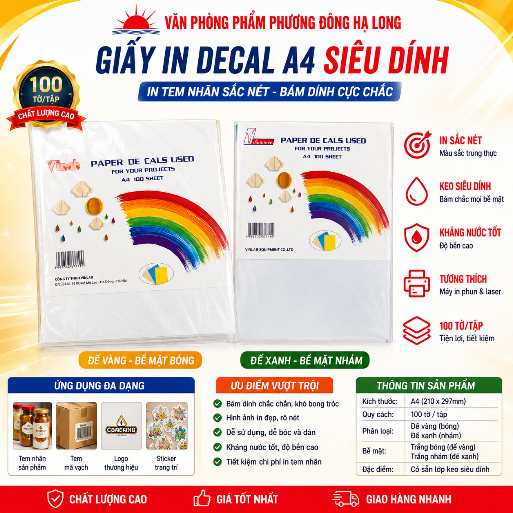 Giấy In Decal A4 Siêu Dính Đế Vàng Đế Xanh 100 Tờ In Tem Nhãn
