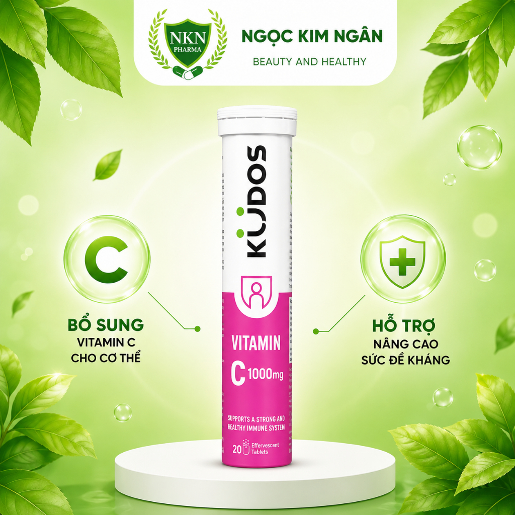 Viên sủi KUDOS Vitamin C 1000mg (trắng hồng) – bổ sung vitamin - Tuýp 20 viên