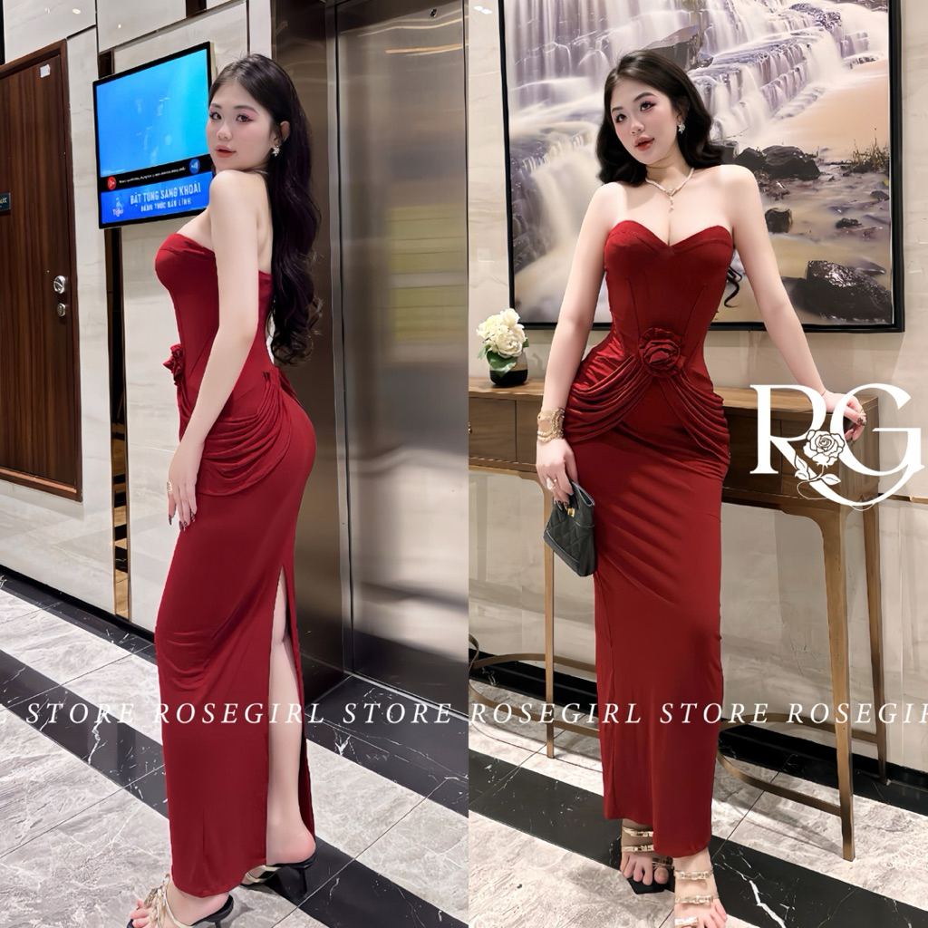 [CÓ BIGSIZE] Đầm dài cúp ngực 480 nhún eo hoa nổi tinh tế, sang trọng cuốn hút ROSSEGIRL STORE DRESS