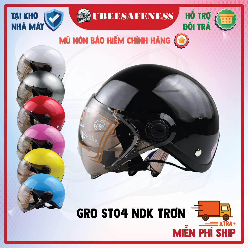 Mũ nón bảo hiểm nửa đầu GRO HELMET st04 sơn trơn nhiều màu có kính ngắn