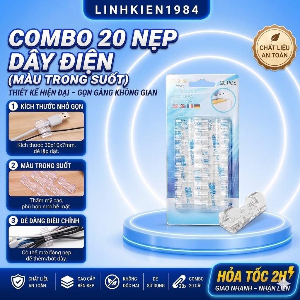 Vỉ 20 Nẹp Dây Điện Dán Tường Siêu Dính,Kẹp Giữ Dây Cáp Sạc An Toàn Tiện Lợi Dễ Lắp Đặt