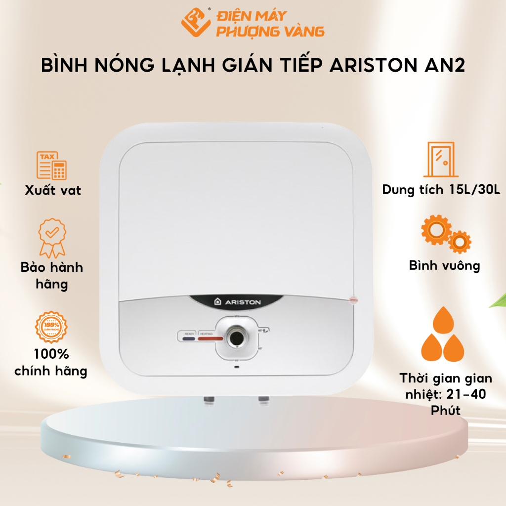 Bình nóng lạnh gián tiếp Ariston AN2 15RS 15L, AN2 30RS 30L, 2500W, 2 đèn báo, BH 7 năm chính hãng