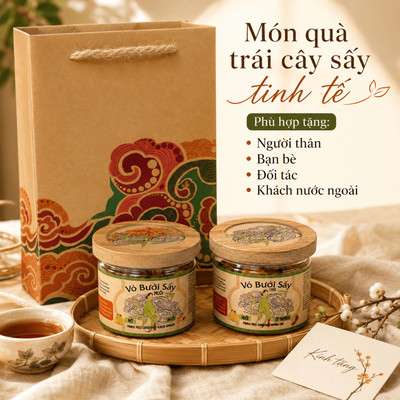 Quà Tặng Trái Cây Sấy Nam Xanh, Vỏ Bưởi Sấy Mơ Muối & Muối Ớt, Hũ Nắp Gỗ Sang Trọng, Kèm Túi Giấy