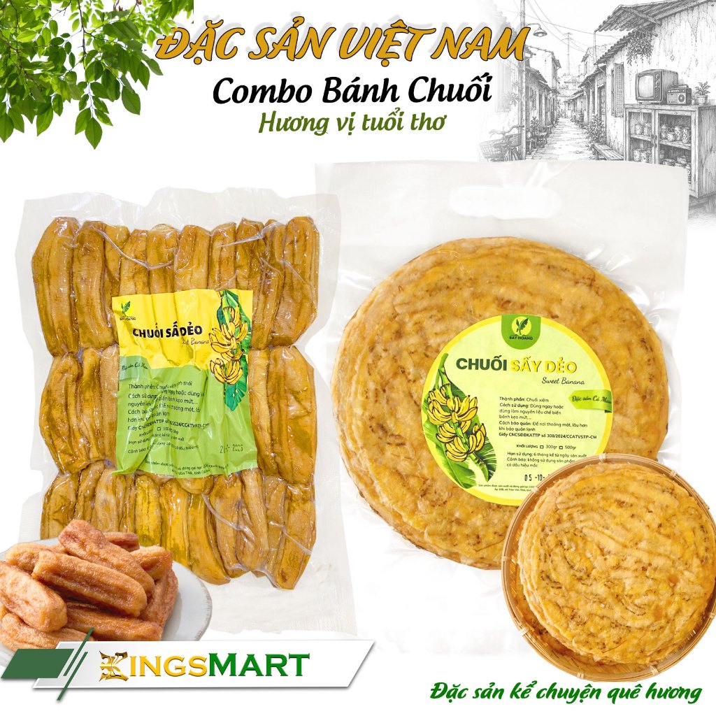 [Vị tuổi thơ] Chuối xiêm ép x Chuối xiêm sấy mộc nguyên trái -  Không đường - Đặc sản Cà Mau - Túi 500g - Kingsmart
