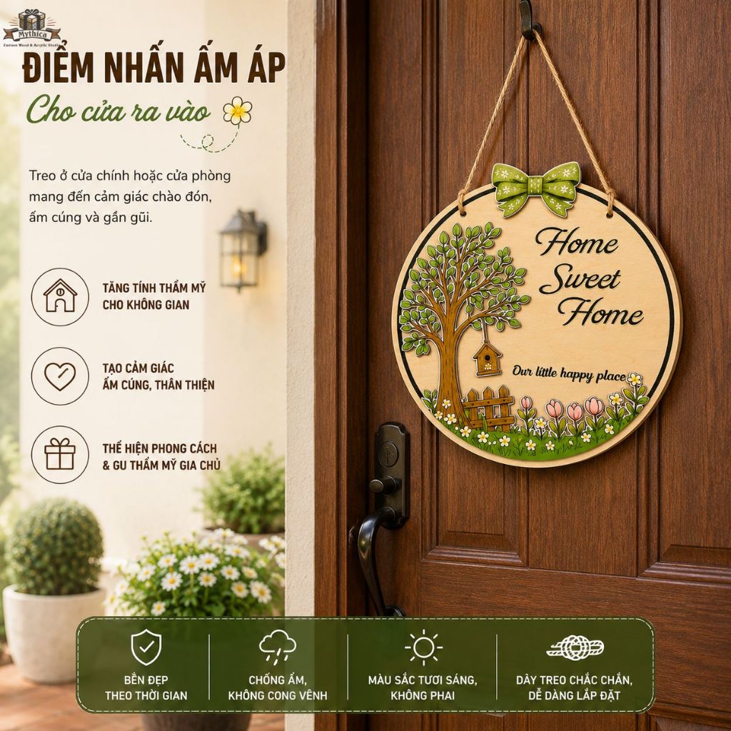 Bảng gỗ Home Sweet Home treo tường có dây đay — ảnh listing minh họa