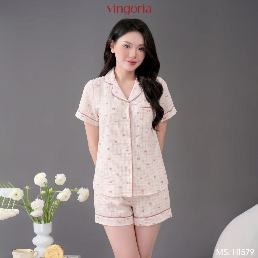 Bộ đồ ngủ nữ Pijama đũi mặc nhà VINGO/VINGORIA tay ngắn mùa hè H1599, H1579 | BigBuy360 - bigbuy360.vn