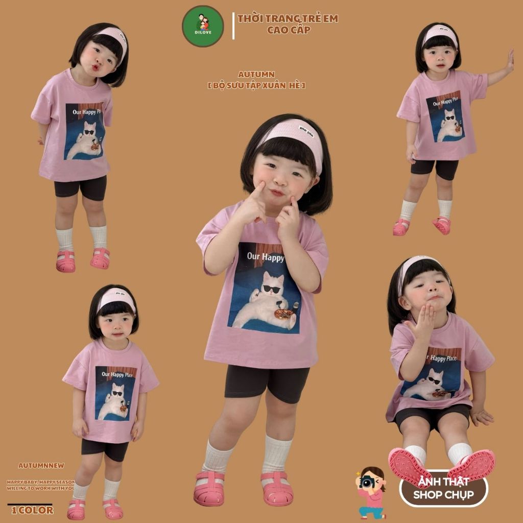 Bộ quần áo cộc tay cho bé trai bé gái vải cotton co giãn thoải mái DILOVE - Mã Mèo
