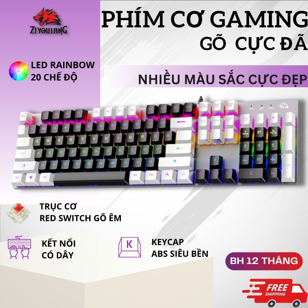 Bàn Phím Cơ Red Switch Free Wolf K1 Pro Gaming Full Size, Led RGB 20 Chế Độ, Phím Gõ Êm, Giảm Ồn